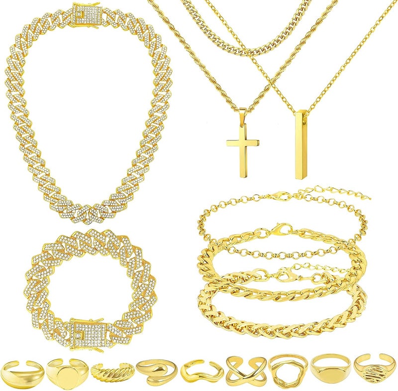 NEWITIN 15 Pieces Silver Jewelry Set for Men Stainless Steel Cuban Link Necklace Bracelet Cross Pendant Necklace Vintage Ring Cuban Jewelry Set for Men Women - Image 1